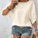 SOLY HUX Women's Summer Blouse Textured Bishop Half Sleeve Crewneck Dressy Casual Tops (Beige, L)