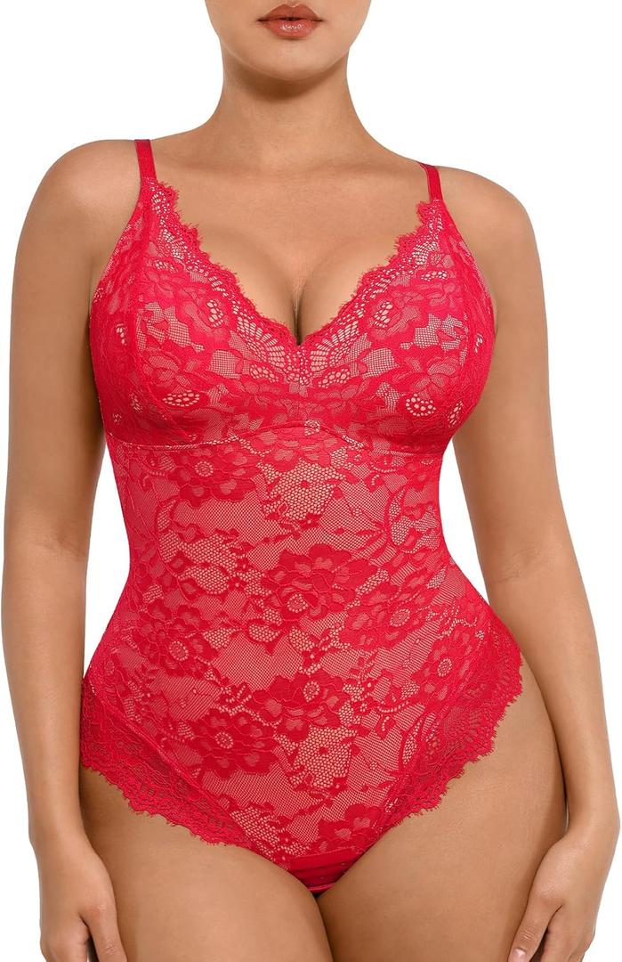 FeelinGirl Shapewear Bodysuits for Women Lace Shapewear Tummy Control V-Neck Sleeveless Bodysuit Tops Jumpsuit (Small, Red)