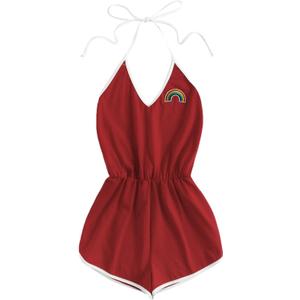 SweatyRocks Women's Halter Sleeveless Short Jumpsuit Rompers Backless Playsuit (X-Large, Red)