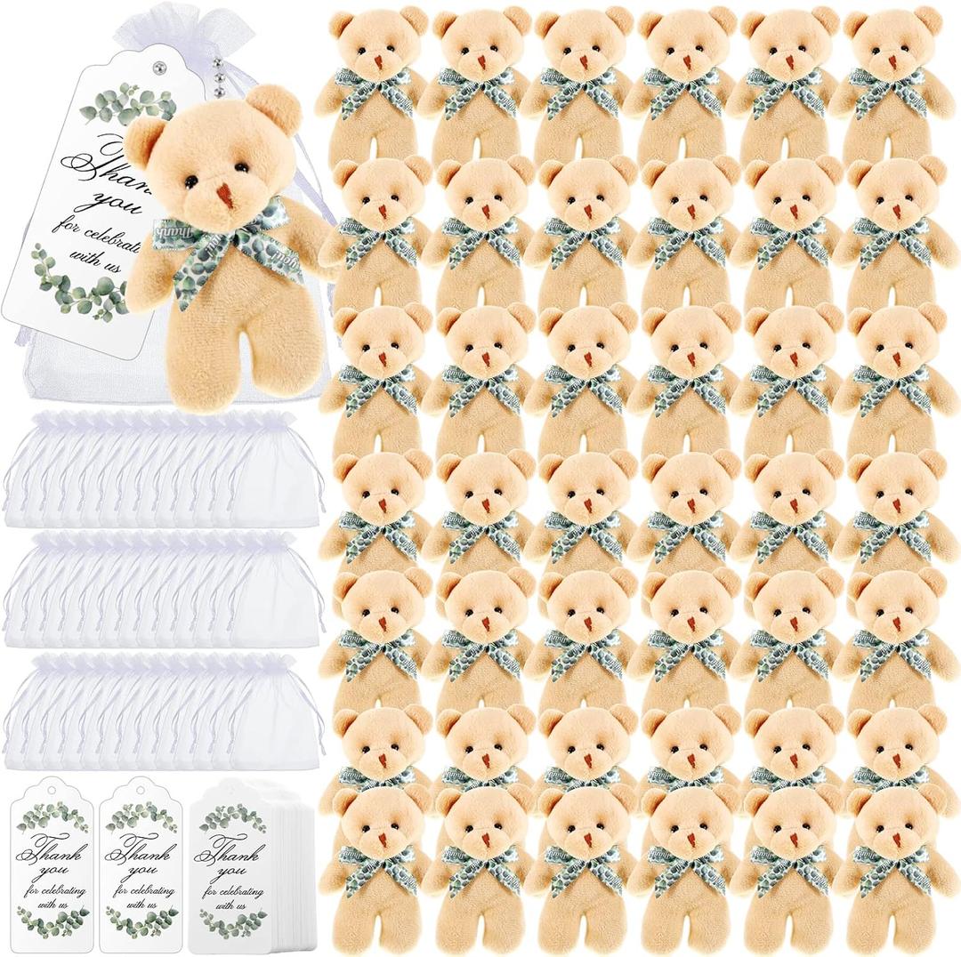 Wettarn 50 Sets Small Tiny Plush Bear Bulk 4.72 Inch Mini Stuffed Animals Small Bear Party Favors with Thank You Tags and Mesh Bags for DIY Keychain Birthday(Brown)