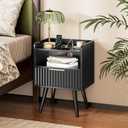 Huuger Nightstand with Charging Station, USB-C Port, Fluted Night Stand Set of 2, Bed Side Table with Drawer, Solid Wood Feet, Open Storage, End Table with Raised Edge, for Bedroom, Black