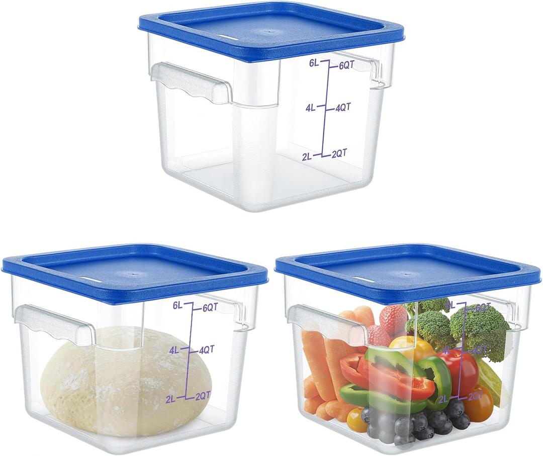 Ziliny 3 Sets 6 Qt Square Food Storage Containers with Lids Dough Proofing Bucket Commercial Polycarbonate Containers with Scale Clear Airtight Cereal for Pantry Home Restaurant (Blue)