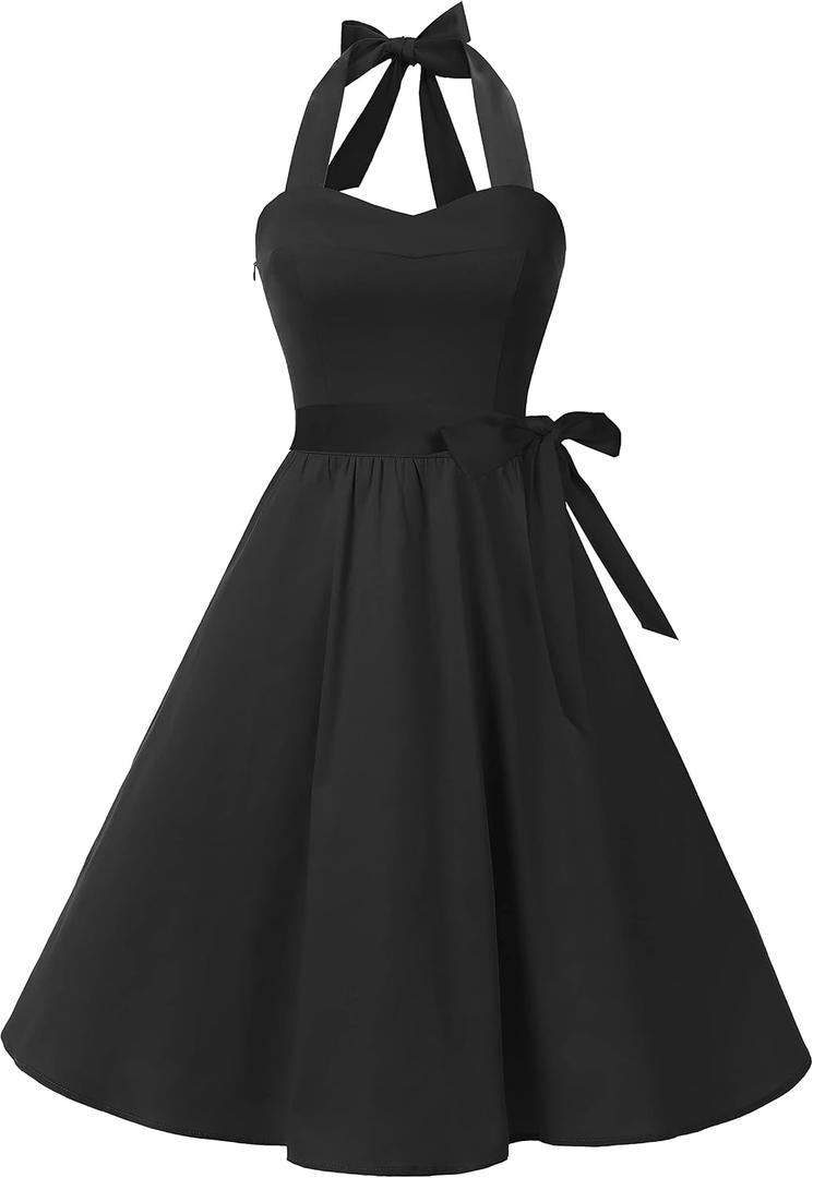 Topdress Women's Vintage Polka Audrey Dress 1950s Halter Retro Cocktail Dress Black M