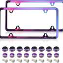 2 Pack Iridescent License Plate Frame, Stainless Steel Rustproof License Plate Bracket, 4-Hole Universal US License Plate Holder, Weatherproof Mirror Polish Rainbow Frame with Screws & Caps