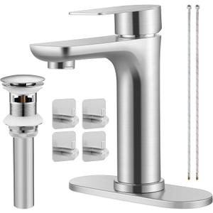 Herogo Bathroom Sink Faucet 1 or 3 Holes, Brushed Nickel Bathroom Faucet with Pop-up Drain, Hooks & Water Supply Hoses, Stainless Steel, Single Handle, for Vanity RV Farmhouse