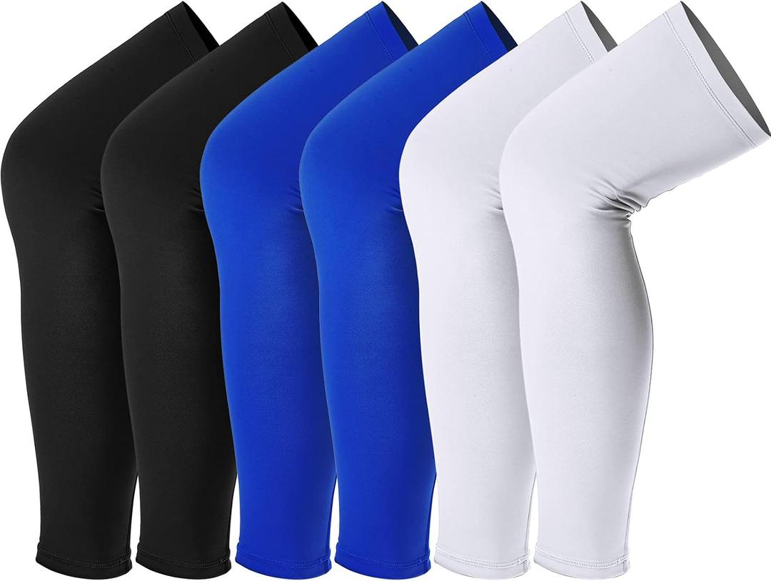 Skylety Leg Sleeves Compression Long Knee Sleeve UV Preserve for Men Women Sport Basketball Football (Black, White, Blue, 6 Pieces)