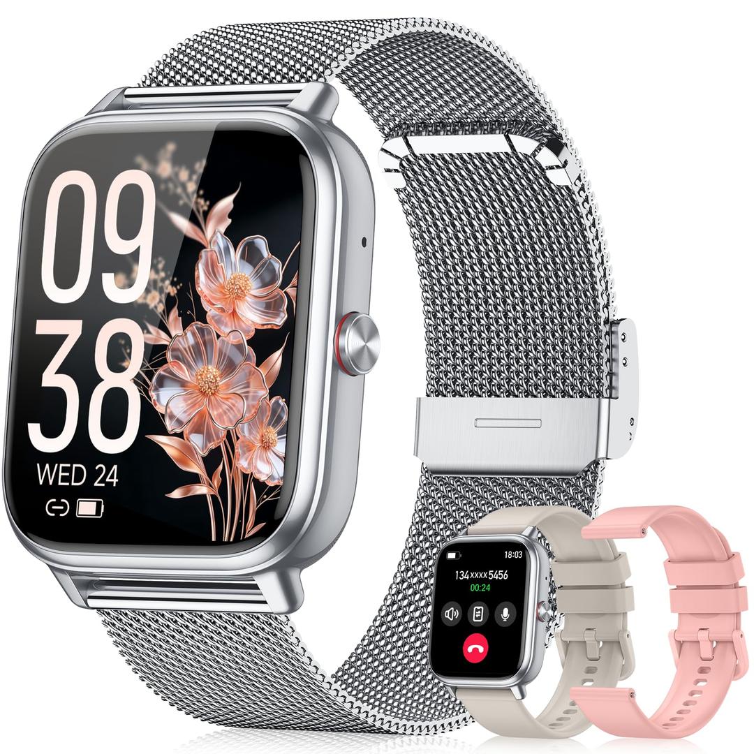 Smart Watch for Women Men- 1000mAh Battery Answer/Make Call, Fitness Step Tracker Watch with Sleep Monitor/Activity Counter/110+ Sport Mode for Andriod iPhone iOS Compatible - 3 Straps, 1.83, Modern, Silver