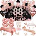 88th Birthday Decorations for Women, 49pcs Black Rose Gold Black Happy 88th Birthday Banner, Tablecloth, Butterfly Decor, Sash and Tiara, Cake Topper, Candles, Balloons Arch