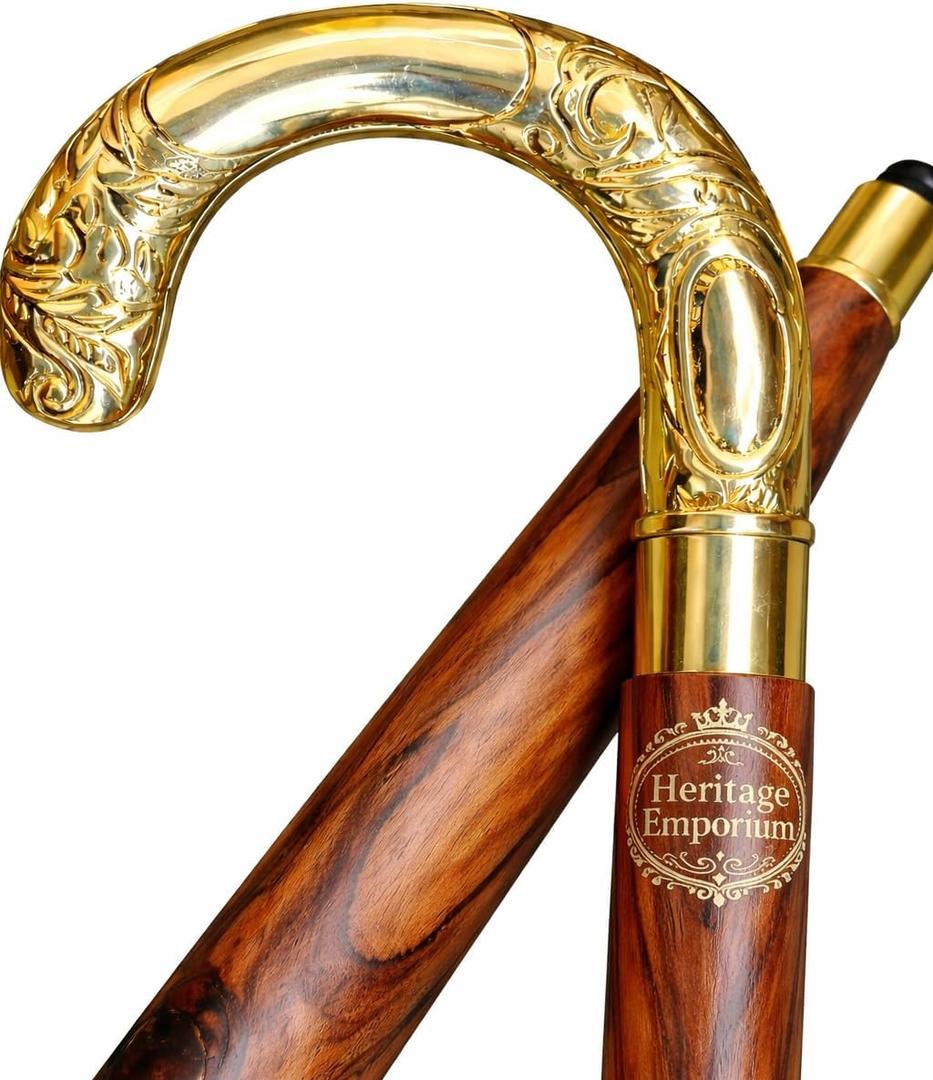 37" Vintage Classic Walking Sticks Curved Brass Handle Cane Victorian Style Brown Solid Wooden Shaft Walking Cane for for Mens and Women