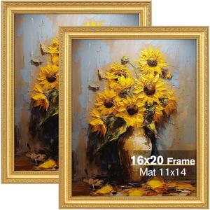 16x20 Gold Picture Frames Set of 2, Ornate Vintage 16 x 20 Photo Frames for Wall Decor or Tabletop Display, Gold Frames with Plexiglass, Display 11x14 Pictures with Mat or 16x20 without Mat for Antique Dco