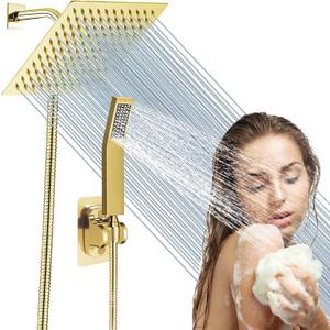 High Pressure Square Rain Gold Shower Head and Handle Shower Set.Equipped with 78" Stainless Steel Shower Hose, 3 Way Diverter Valve, Adhesive Shower Head Holder (Rainfall Shower Head Set AWAXFOLO) (6 Inch)