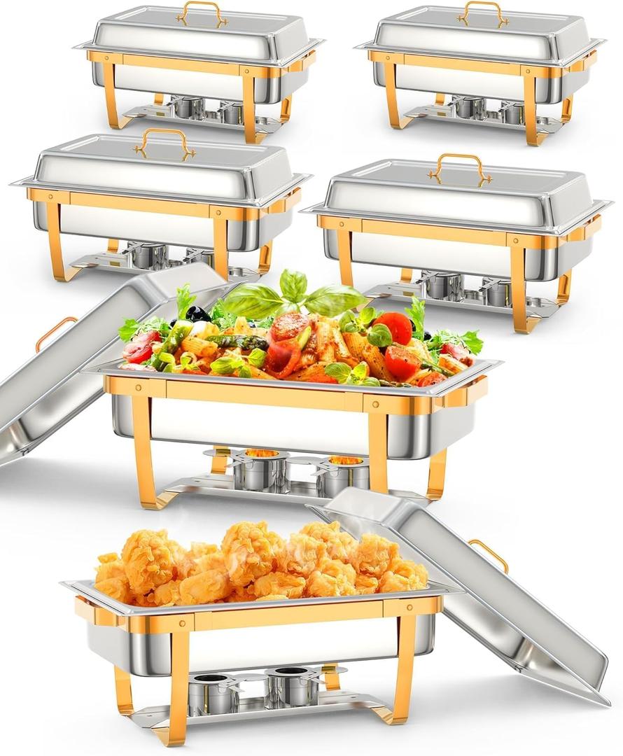 Chafing Dish for Buffet Set, 6 Packs 8 Qt Chafers and Buffet Warmers Sets with Folding Frame, Spoon & Tweezer for Weddings Parties Banquets Catering Events (Gold, 6 Pack)
