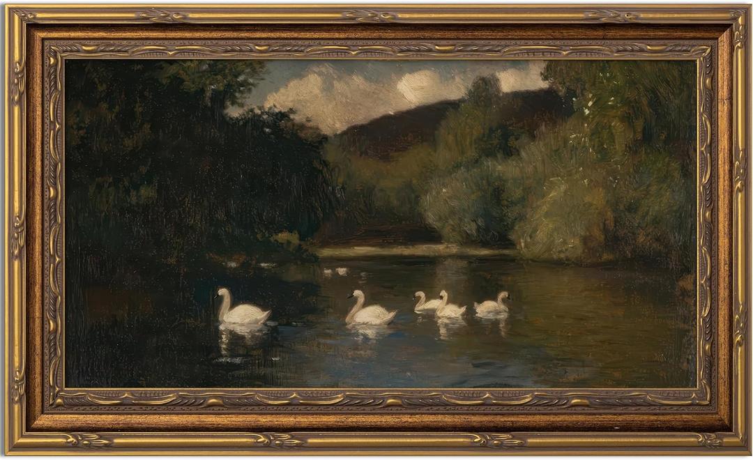 Yuantulan Vintage Swan Lake Landscape Wall Art Antique Gold Framed Print Size  23*12