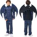 Bat Costume Kids Muscle Suit with Bat Wings for Boys Full Set Outfits Halloween Cosplay (Medium, Blue)