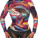 Women's Marble Print Long Sleeve Tee Shirt Mock Neck Slim Fitted Party Club Mesh Tops (M)