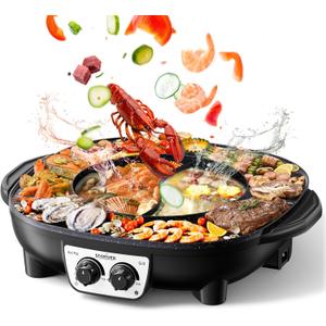 Stariver Hot Pot Electric with Grill 2 in 1, Indoor Korean BBQ & Shabu Shabu, Features Easy-clean Non-stick Coating, Dual Controls, 1800W Fast Heating, Perfect for Family Gatherings or Friends Parties