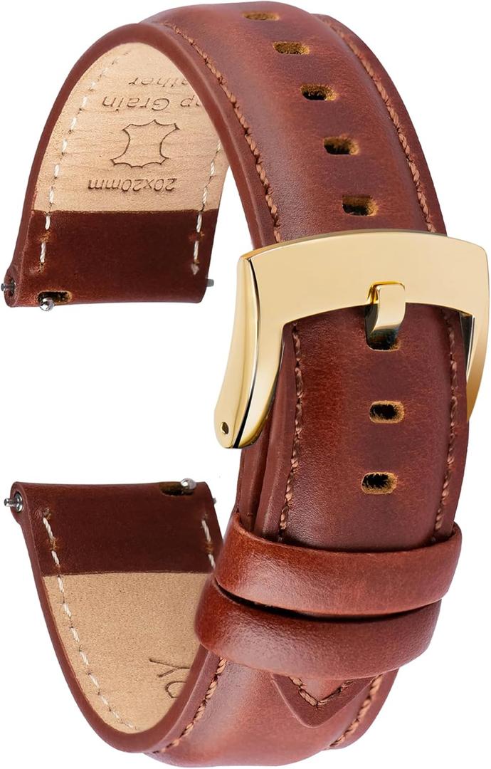 Leather Watch Bands Quick Release, Elegant Top Grain Leather Watch Straps for Men & Women, Choice of Color & Width - 18mm Wristbands Bracelet for Watch & Smartwatch (Cognac Brown (Gold Buckle))
