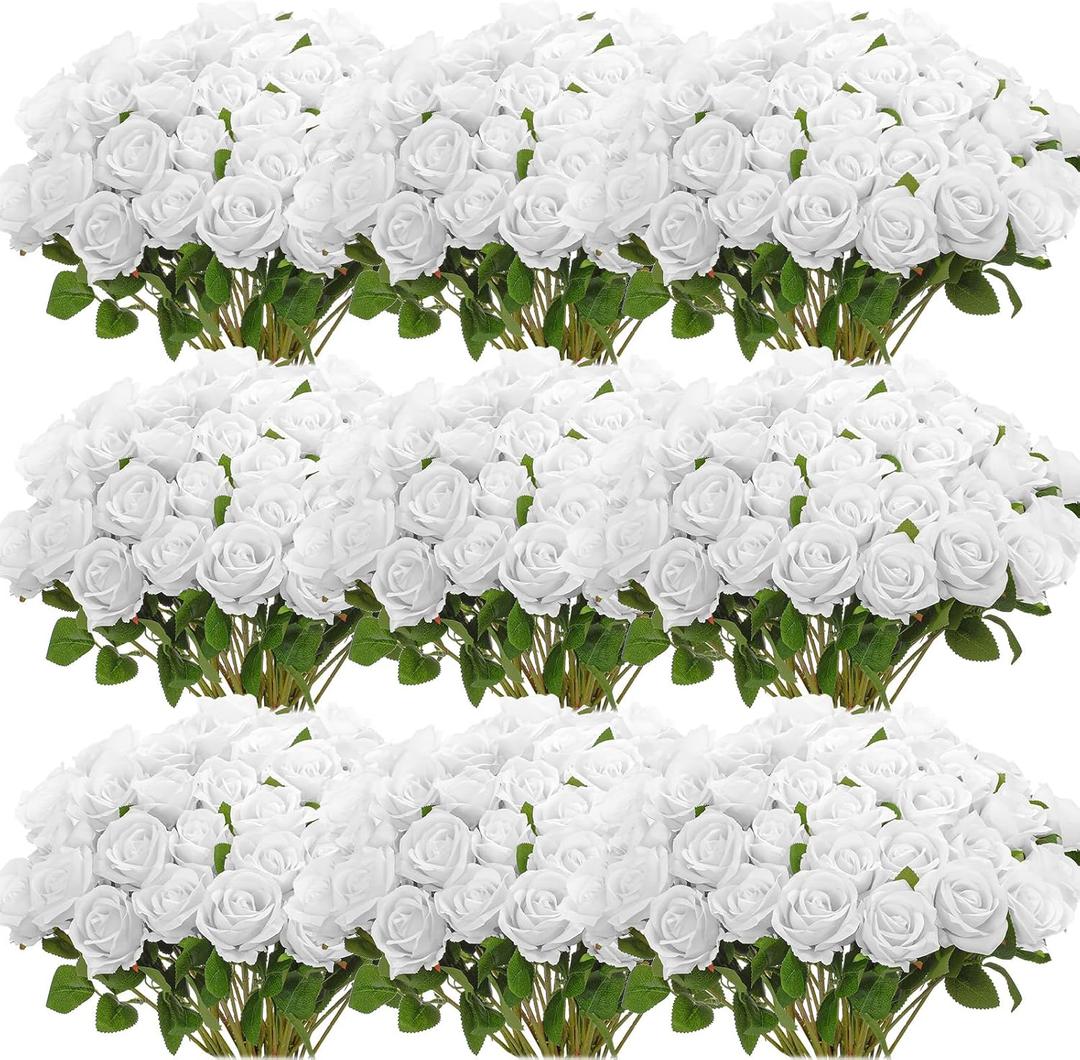 Jexine 100 Pieces Artificial Roses Flowers Bulk, Long Stem Realistic Fake Silk Roses Bouquet for Table Centerpiece Vases Wedding Party Kitchen Decor(Pure White)