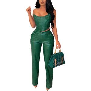 WOKANSE Women's Sexy Chic PU Faux Leather 2 Piece Outfits Tube Crop Tops and Casual Straight Leg Trousers Pants Set (Medium, Green)