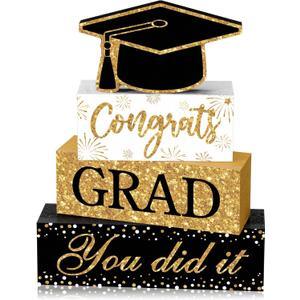 Cinnvoice 4 Pcs Graduation Table Decor 2026 Congrats Grad Centerpiece Class of 2026 Wood Sign Graduation Tiered Tray Decor Farmhouse Congratulate Gifts for Home Shelf Party Decorations(Black Gold)