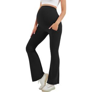 HEGALY Women's Maternity Flare Leggings Over The Belly - Casual Pregnancy Yoga Pants with Pockets Buttery Soft (Black, L)