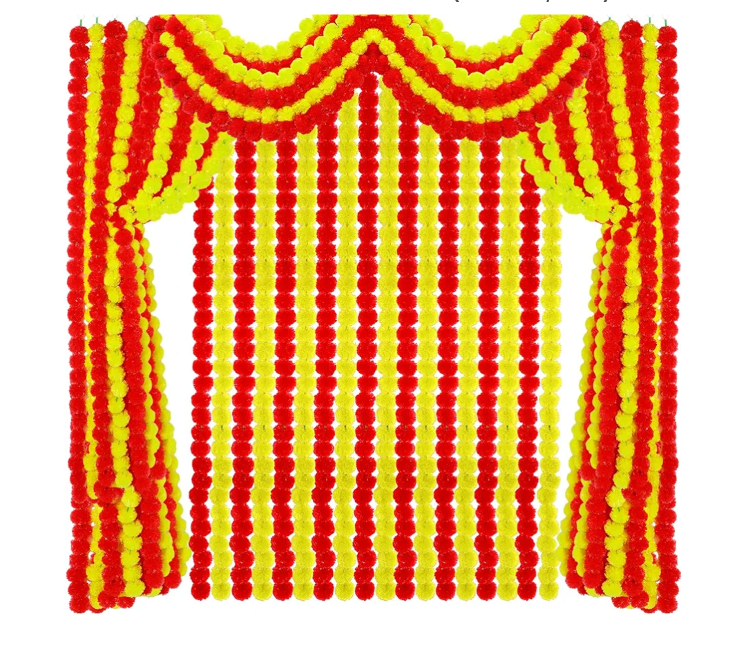 Tigeen 24 Pcs 5 ft Long Strands Faux Artificial Marigold Flowers Garland for Wedding Party Mantle Decoration Faux Garlands Wedding Garland Diwali Decoration for Home Christmas (Yellow,Red)