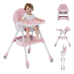 High Chairs for Babies and Toddlers, 4 in 1 Convertible Baby High Chair, Portable High Chair for Travel with Adjustable Height and Back, Foldable High Chair with Wheels& Pu Cushion (Pink)