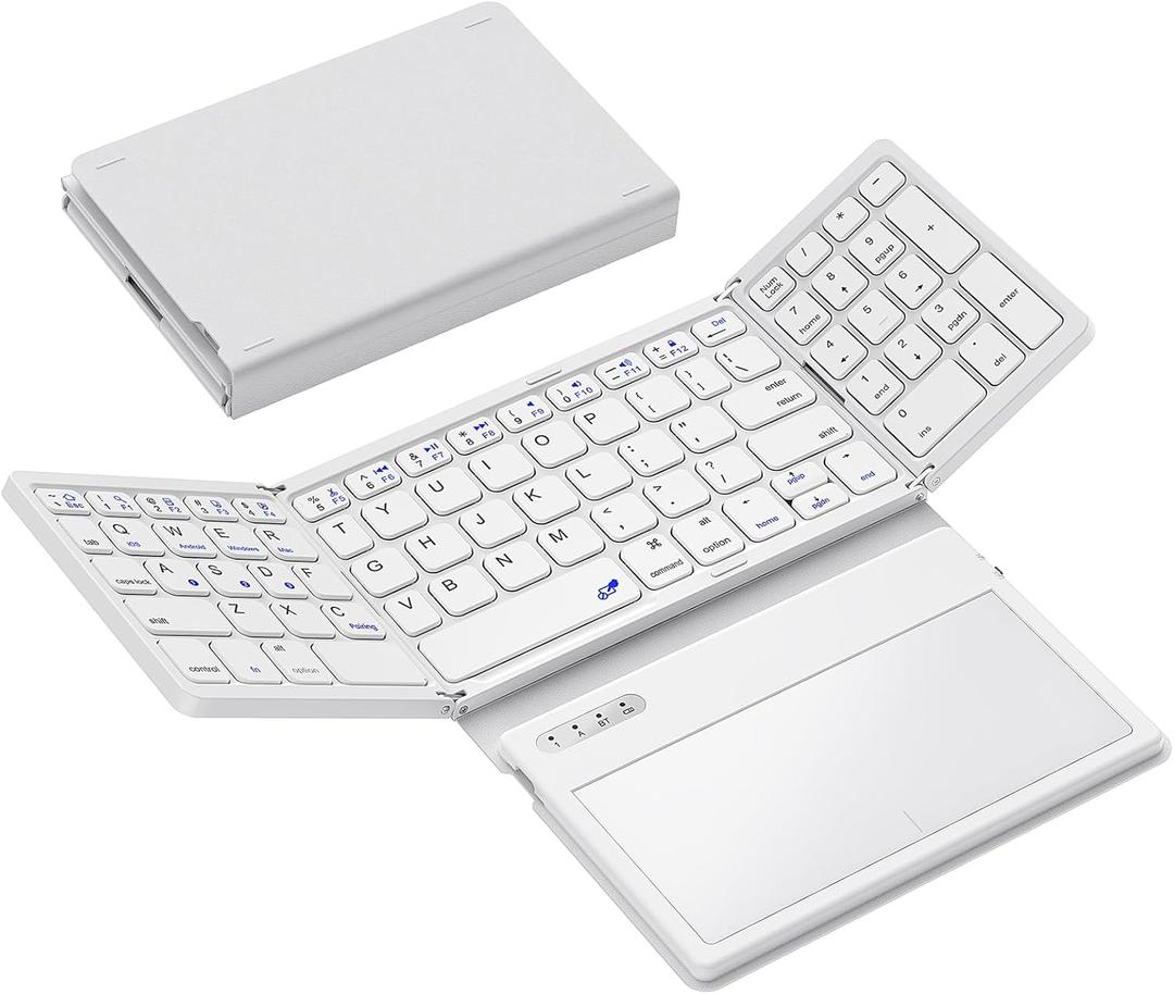 GEODMAER Foldable Bluetooth Keyboard, Portable Full Size Folding Keyboard with Large Touchpad, Numeric Keypad, PU Leather, Wireless TravelKeyboard for Windows Android Mac(White)