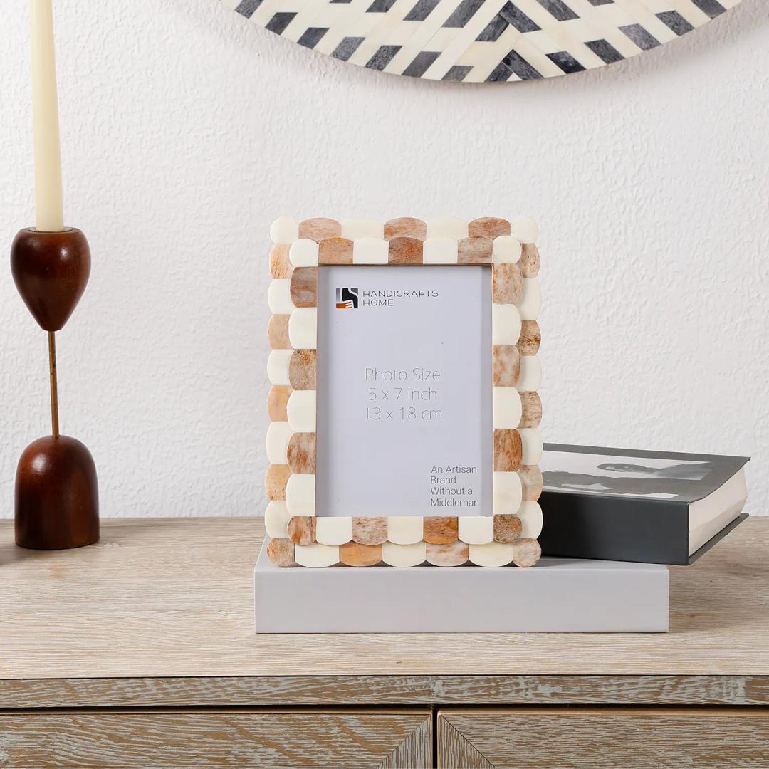 Handicrafts Home Handmade Scalloped Bone Inlay Brown White Picture Frame 5x7