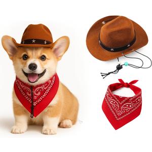 Dog Cowboy Costume  Pet Halloween Outfit with Hat & Bandana Scarf for Small Dogs & Cats, Western Style Party Dress-Up for Halloween, Christmas, Birthday