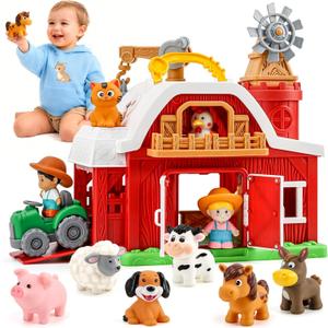 15-Piece Upgraded Farm Animal Big Barn Playset Gifts for Toddlers Christmas|Montessori Learning Toys for 18 Months Olds Girls Boys|Pretend Animal with Tractor Birthday Gifts for 2 Years