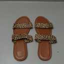 Plus Size Women's Leopard Print Open Toe Comfortable Flat Leather Slip-On Sandals, Stylish Casual Outdoor Beach Shoes For Summer, Size 8