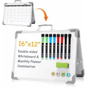 Magnetic Dry Erase Board with Calendar - Small Double Sided Whiteboard on Desktop with Monthly Schedule Planner, Portable Folding White Board on Table Top for Drawing, Teacher Students Classroom
