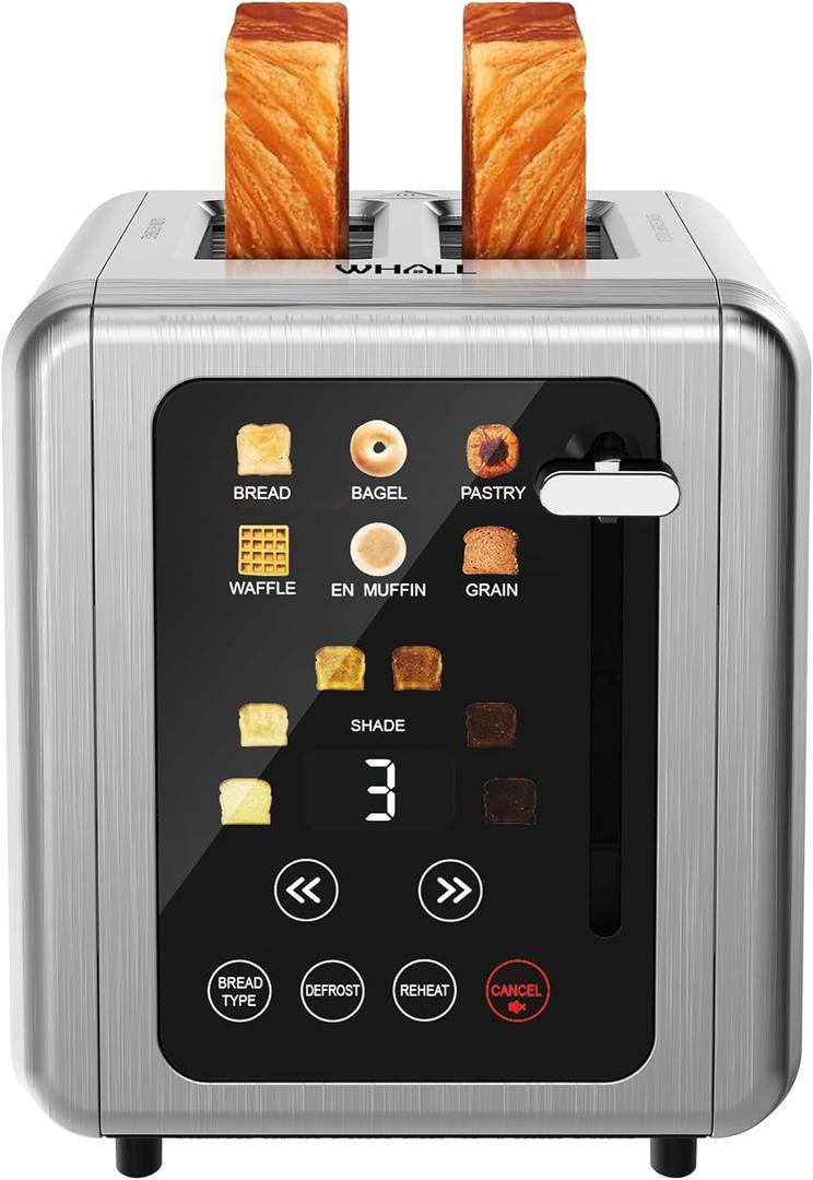 WHALL Touch Screen Toaster 2 Slice,Stainless Steel Digital Timer Toasters,6 Bread Types & 6 Shade Settings,Smart Extra Wide Slots Toaster With Bagel,Cancel,Defrost Functions (silver)