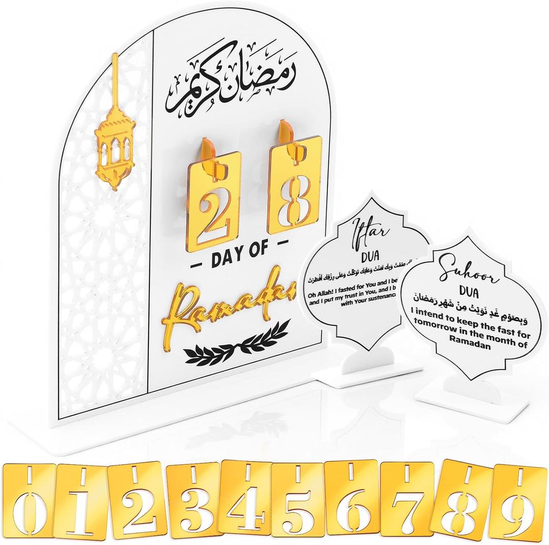 Ramadan Advent Calendar 2026, Acrylic Countdown Calendars for Arabic Muslim Islamic Holiday Table Home Decorations (White)