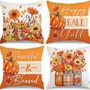 GEEORY Fall Throw Pillow Covers 18x18 Inch Set of 4, Pumpkins Floral Mason Jars Happy Fall Y'all Thankful & Blessed Orange Autumn Seasonal Decorative Farmhouse Decoration for Home G552-18