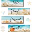 Yulejo 4 Pieces Ocean Beach Bathroom Wall Decors Wood Relax Soak Unwind Breathe Art Sign Hanging Seashell Starfish Wooden for Living Room Laundry Spa Washroom