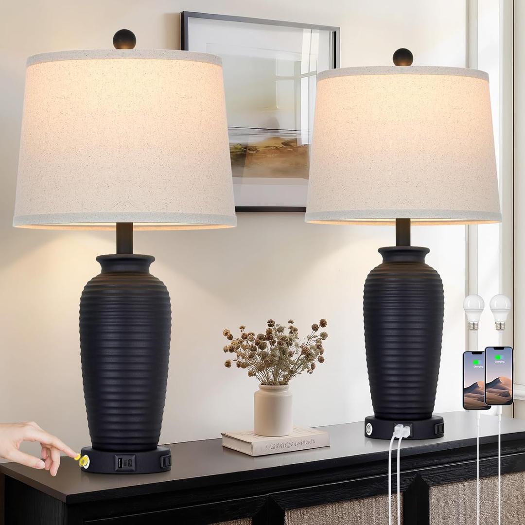 CINSARY 25" Retro Black Farmhouse Jar Table Lamps Set of 2, 3 Way Touch Control Rustic Bedside Lamps with USB A+C Ports & AC Outlet, Pot Nightstand Lamps for Bedroom Living Room (LED Bulbs Included)