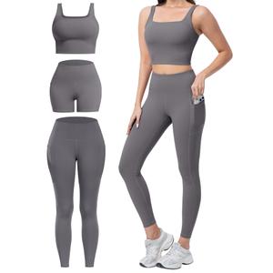 3 Piece Workout Sets for Women High Waisted Leggings with Pockets Tummy Control Biker Shorts Yoga Sports Bra, Medium
