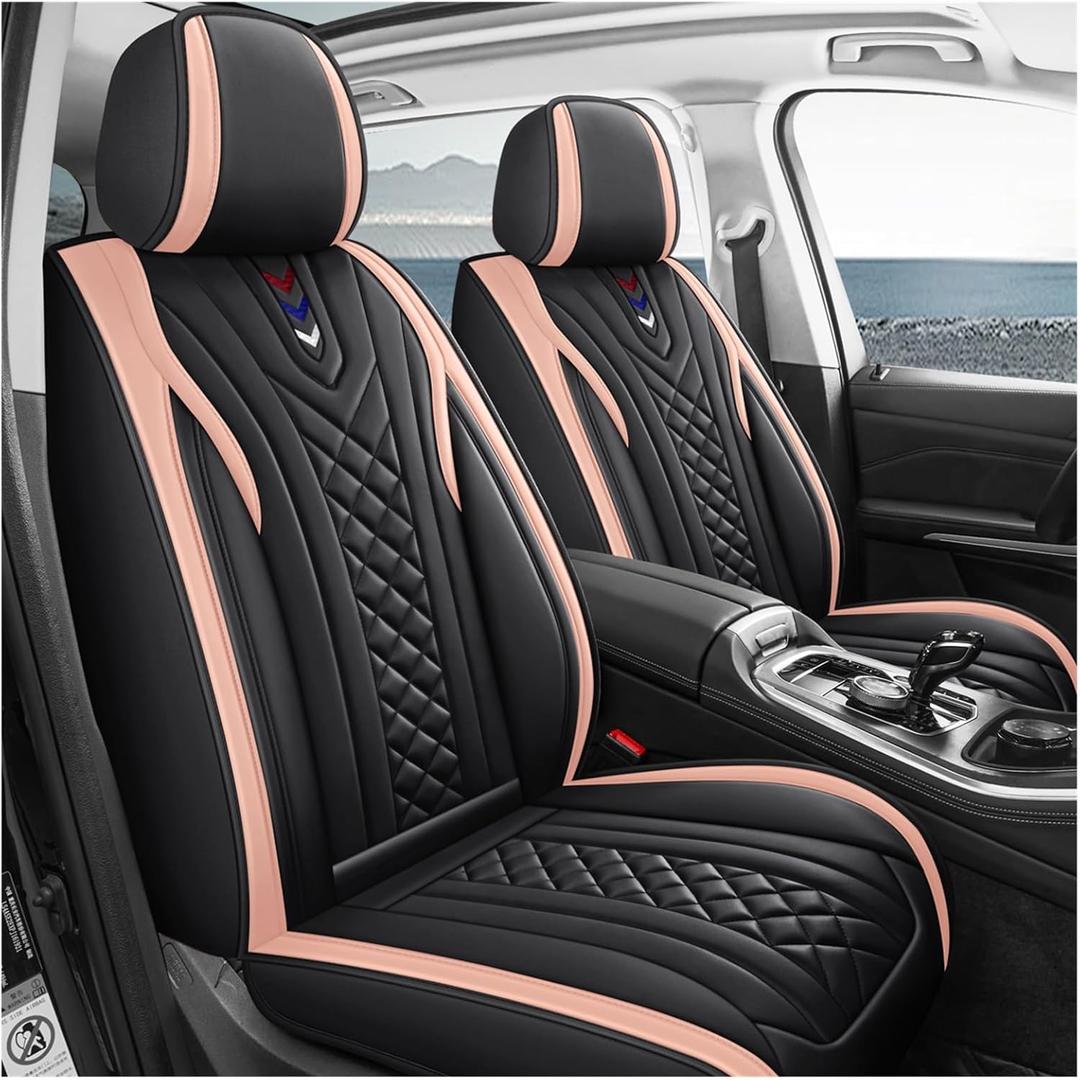 OUTOS Luxury Leather Auto Car Seat Covers 5 Seats Full Set Universal Fit (Bk-Pink 01)