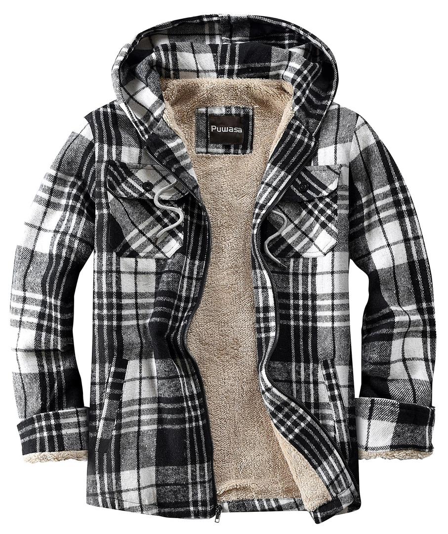 Puwasa Mens Sherpa Lined Flannel Jacket Full Zip Fleece Hoodie Long Sleeve Winter Coat for Men Black Large