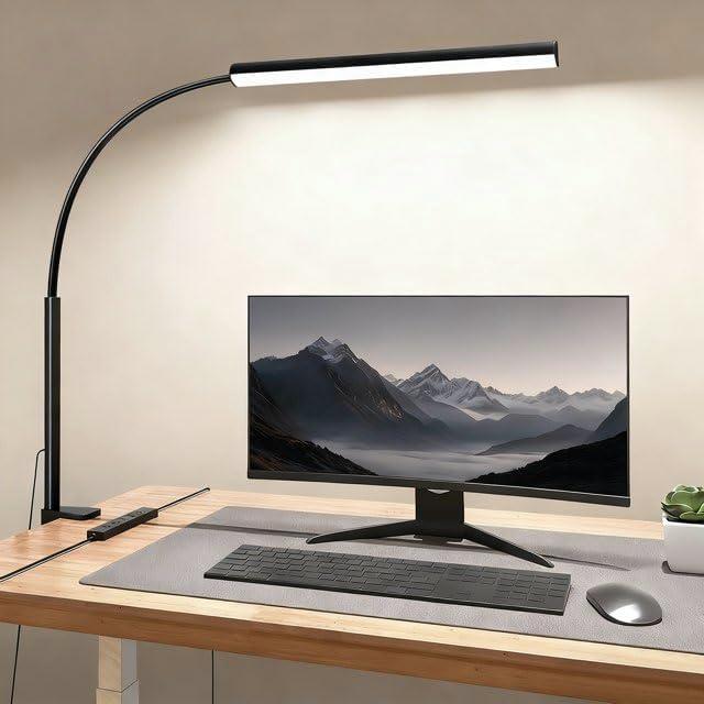 LED Desk Lamp with Clamp, Eye-Protection Clip on Desk Lamp, 5 Modes 10 Brightness Adjustment, 360Flexible Gooseneck Lamp for Home Office, Lamps with USB AdapterBlack (Plus.-Black)