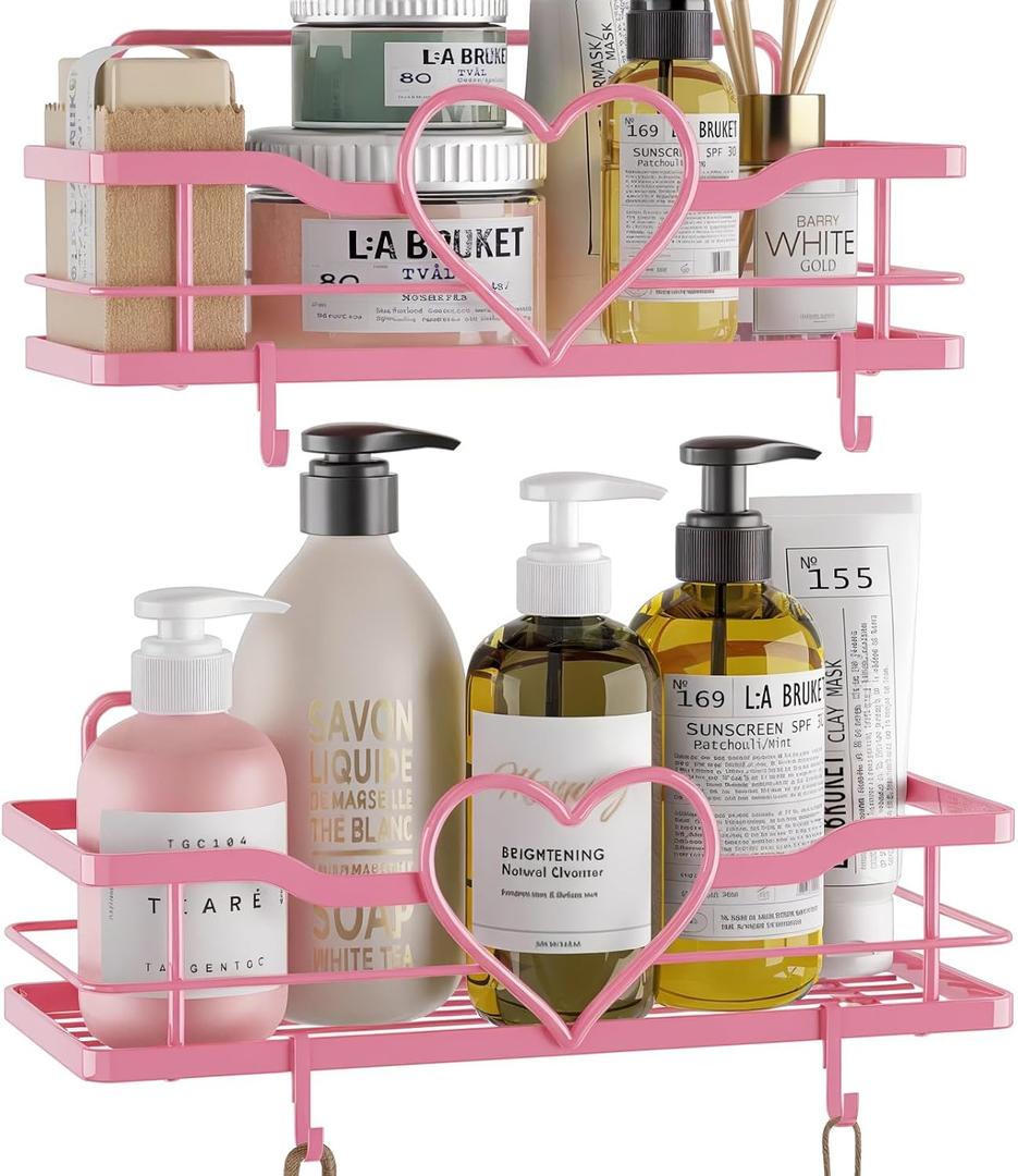 Pink Shower Caddy with 4 Removable Hooks, 2 Pack Sweet Heart Shower Shelves, No Drilling Adhesive Organizer Shelf for Bathroom Shower, Kitchen, Bedroom