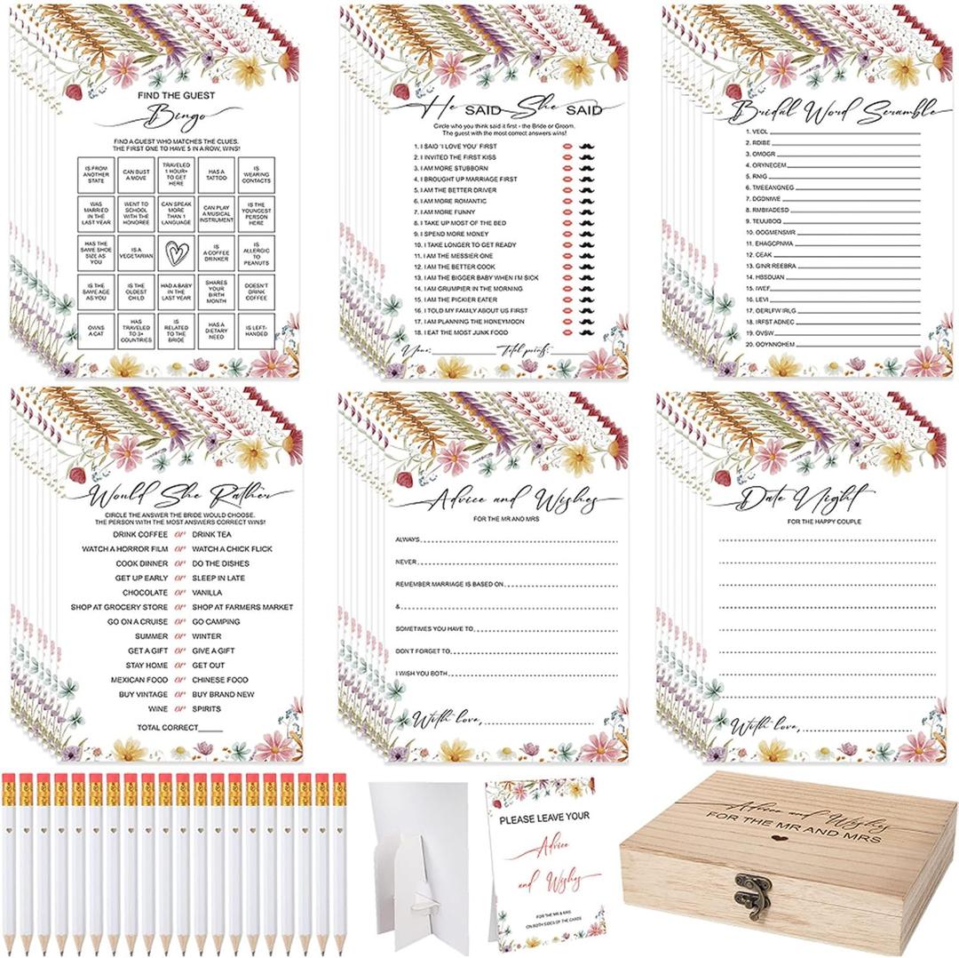 Bridal Shower Games Set for 50 Guests Includes Bingo, He Said She Said, Scramble, Would She Rather, Advice and Wishes Wedding Games Double Sided with Wooden Box, 20 Pencils(Wildflowers)