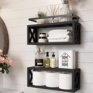 RICHER HOUSE Floating Shelves with Guardrail, Rustic Wood Shelves for Wall Dcor, Farmhouse Bathroom Accessories Wall Mounted, Bathroom Wall Organizer over Toilet Storage, Kitchen, Living Room - Black