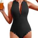 Charmo Scalloped Ribbed One Piece Swimsuit Zipper Racerback Bathing Suit Athletic Swimwear (Small, Black)