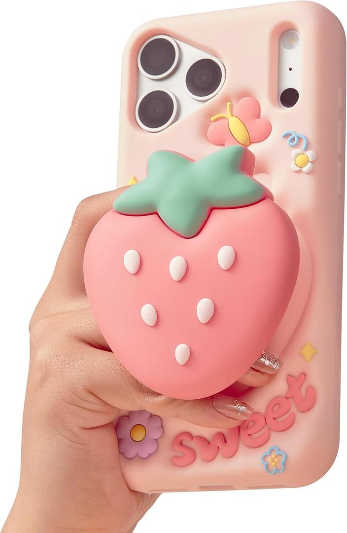 Cute 3D Strawberry Pop-Up Stand and Grip Phone Case for iPhone 17 Pro Max, Kawaii Girly Silicone Fruit Cover for Girls and Women, Pink