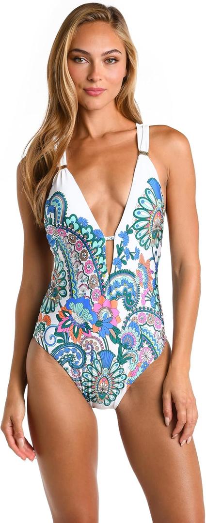 Sunshine 79 Womens Plunge Mio One Piece Swimsuit (10, Multi/Feel Good Paisley)