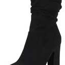 Coutgo Women's Mid Calf Slouchy Boots Suede High Heel Zip Stacked Chunky Block Round Toe Booties (6.5, Black)