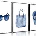 3Pcs Vintage Navy Blue and White Summer Accessories Wall Art Sunglasses Beach Bag Flip Flops Posters Prints Coastal Beachy House Bathroom Watercolor Wall Decor Pictures Unframed 12x16in
